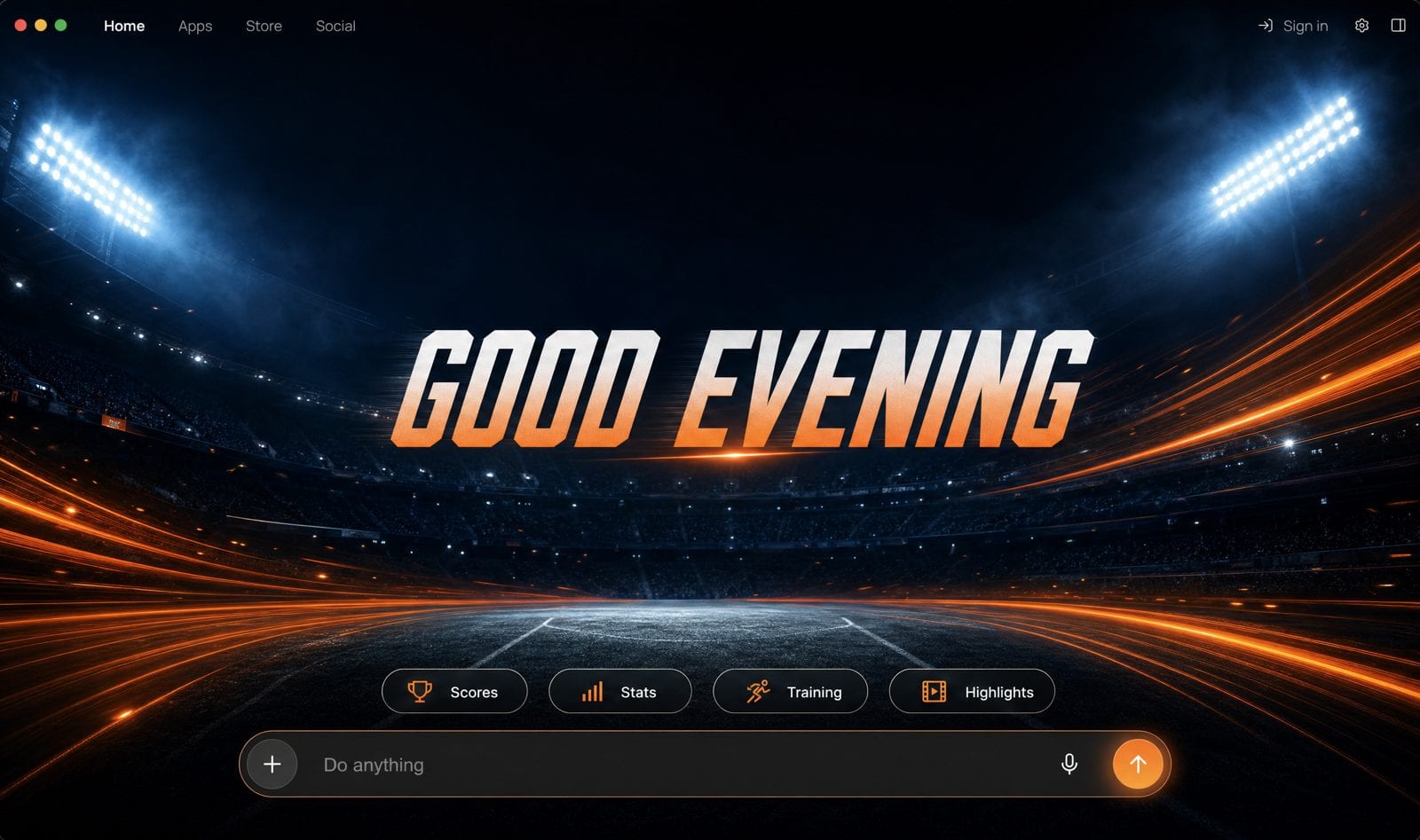 Sports stadium home screen generated by Stella.