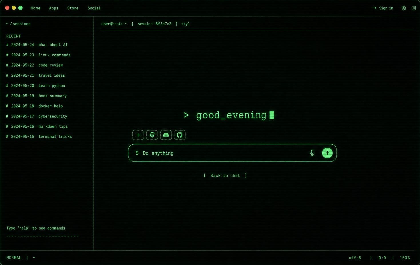 Green terminal home screen generated by Stella.