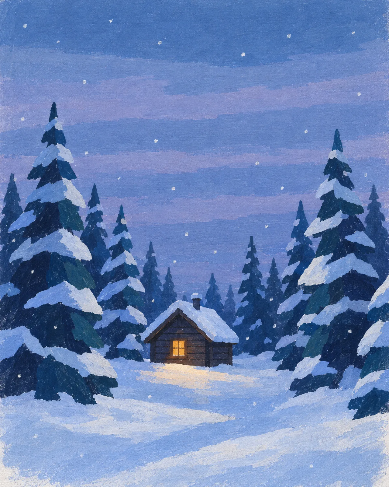 Our cabin in winter, painted by Stella in gouache.